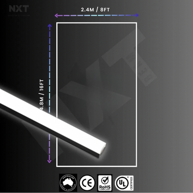 Solo LED strip light with dimensions and certification logos on a dark background