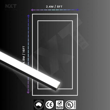 Duo LED strip light with dimensions and certification logos on a dark background 